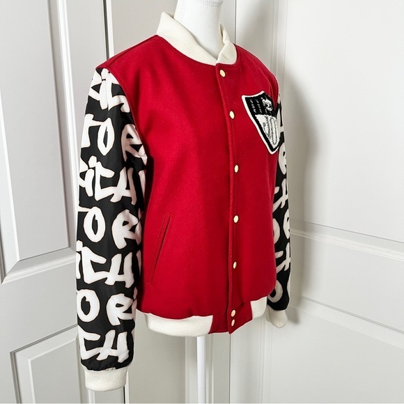 Joyrich Retro Y2K 90s Graffiti Wool Blend Varsity Letterman Red Bomber Jacket, M - Picture 4 of 16
